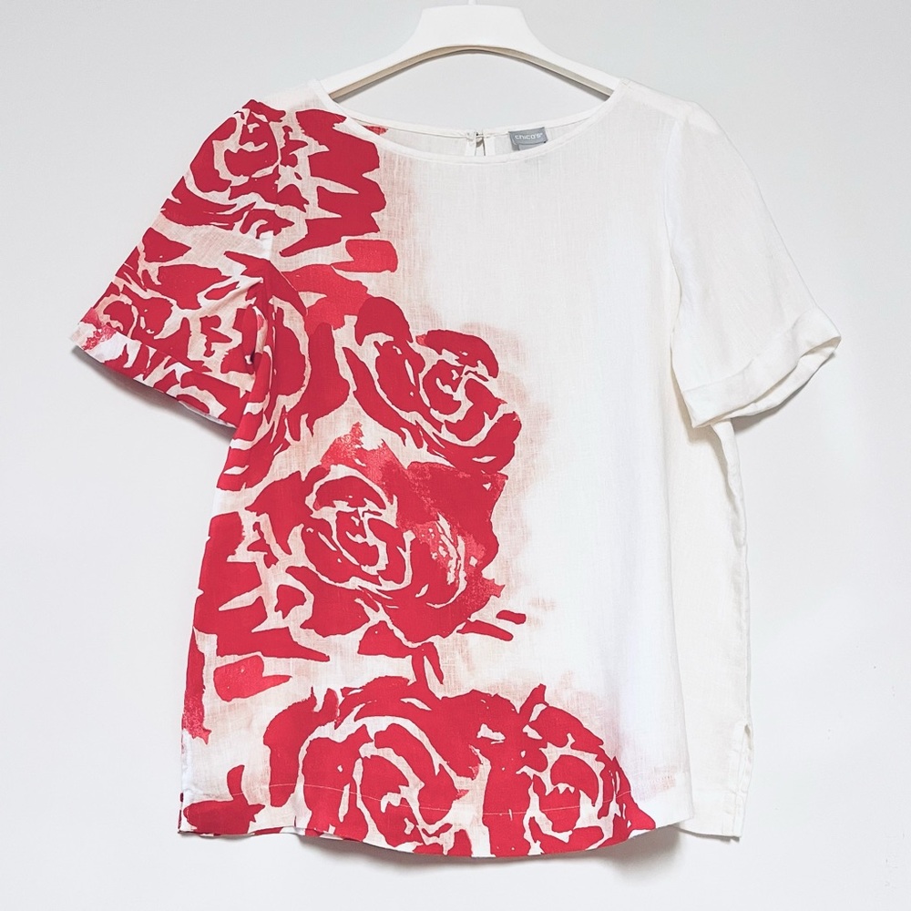 Chico’s Size 1 M 100% Linen Floral Top Red White Boxy Short Sleeve Blouse Travel